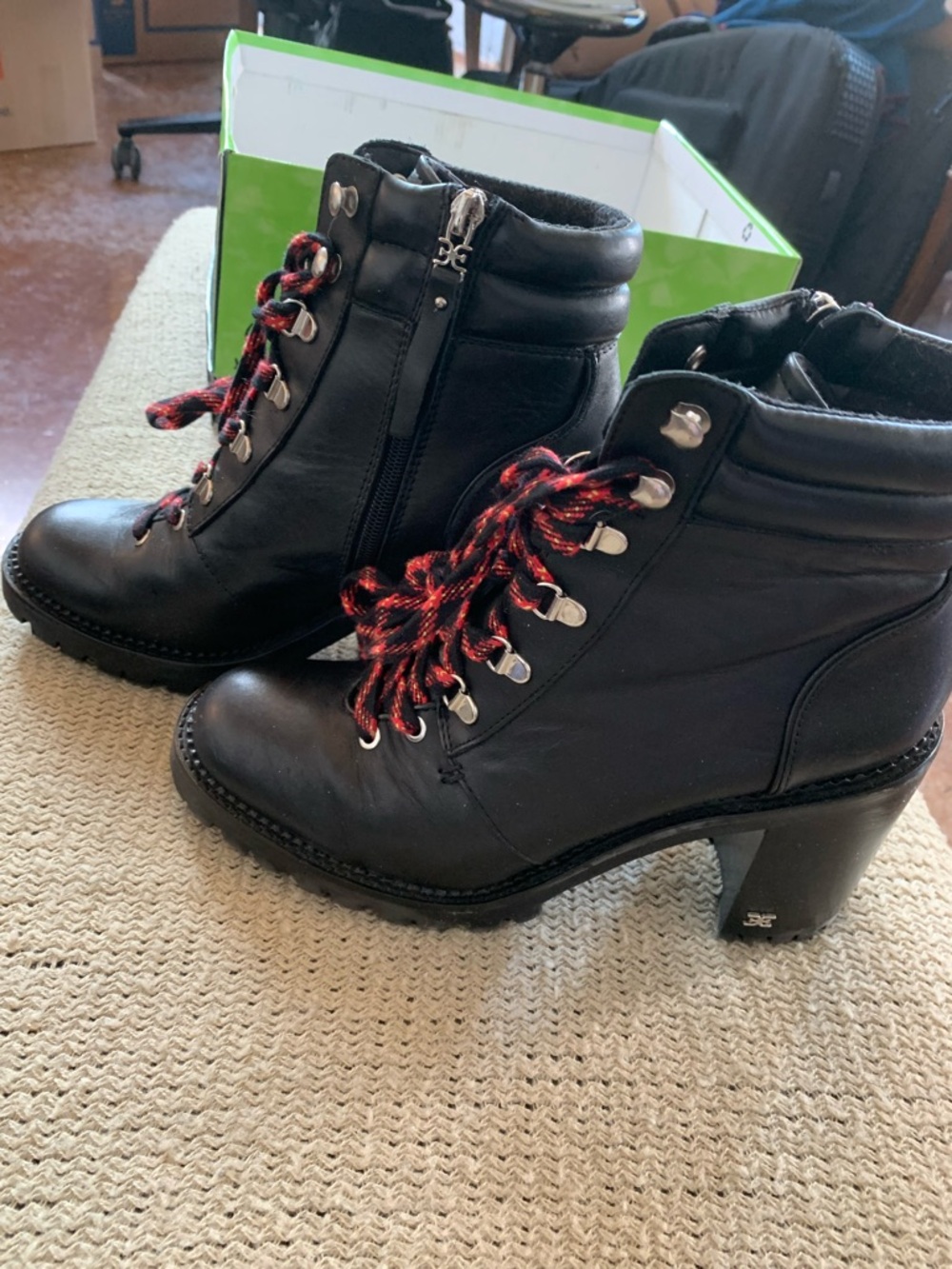 Sam Edelman Black Leather High Heeled Boots with Red-Black Laces